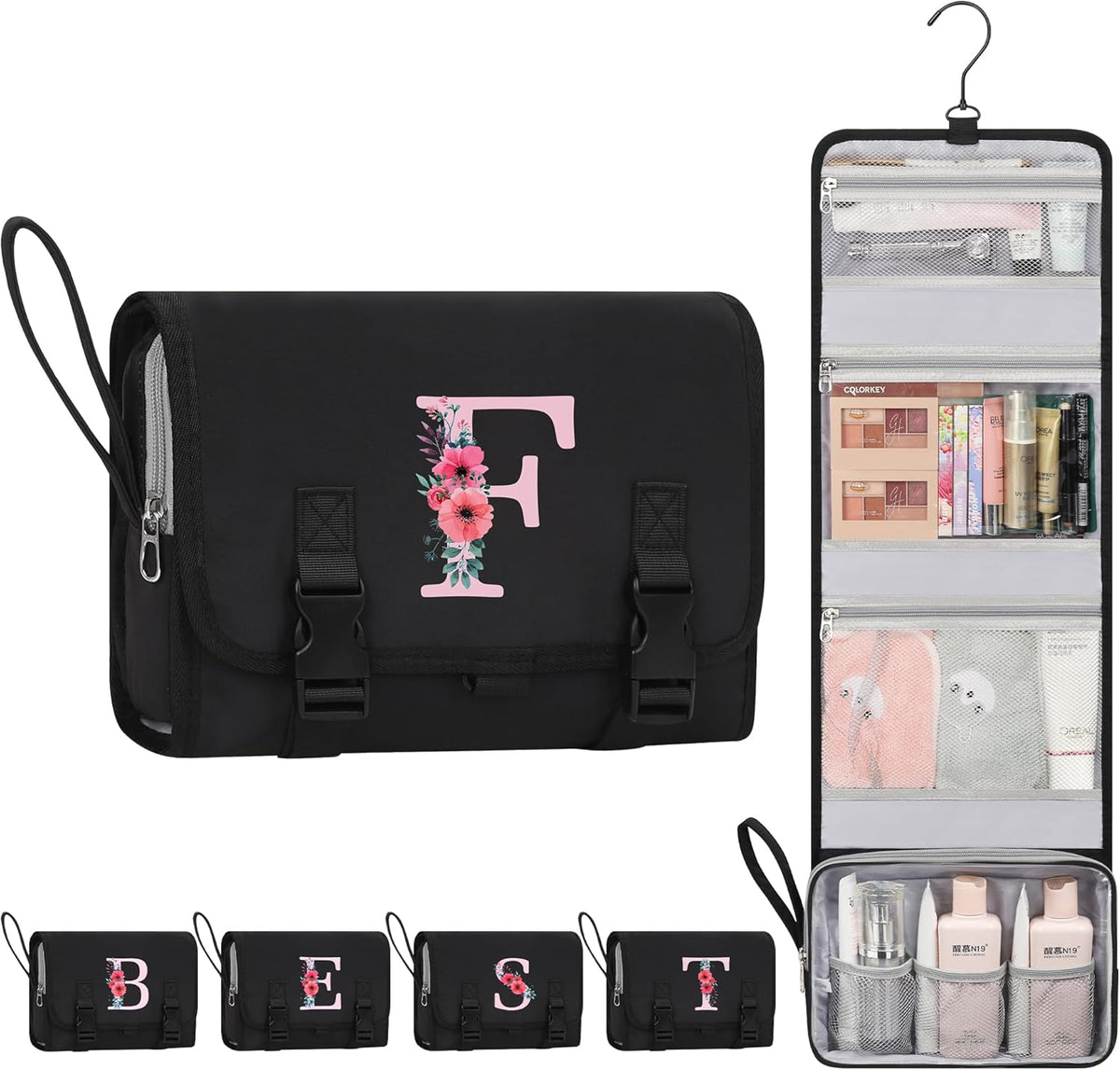 Travel Hanging Toiletry Bag for Women - Initial Makeup Toiletries Organizer with Compartments, Personalized Cosmetic Bags with Hanging Hook for Airplane Travel Essentials - Black S