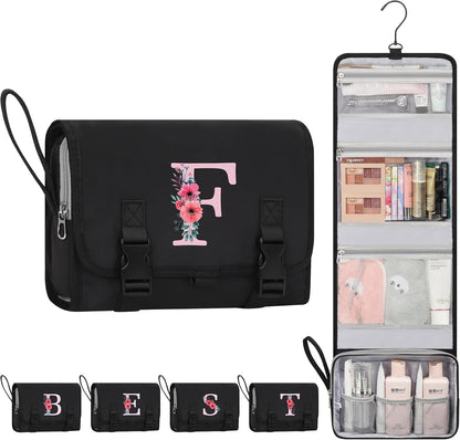 Travel Hanging Toiletry Bag for Women - Initial Makeup Toiletries Organizer with Compartments, Personalized Cosmetic Bags with Hanging Hook for Airplane Travel Essentials - Black S