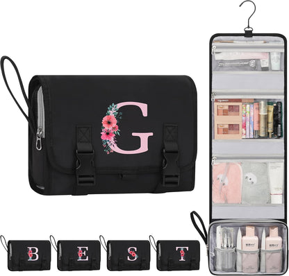 Travel Hanging Toiletry Bag for Women - Initial Makeup Toiletries Organizer with Compartments, Personalized Cosmetic Bags with Hanging Hook for Airplane Travel Essentials - Black S