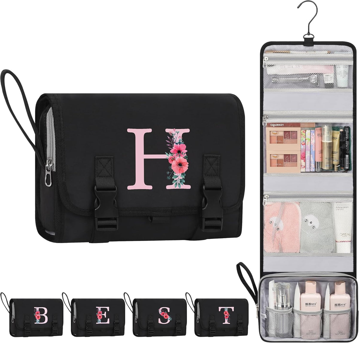 Travel Hanging Toiletry Bag for Women - Initial Makeup Toiletries Organizer with Compartments, Personalized Cosmetic Bags with Hanging Hook for Airplane Travel Essentials - Black S