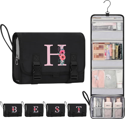 Travel Hanging Toiletry Bag for Women - Initial Makeup Toiletries Organizer with Compartments, Personalized Cosmetic Bags with Hanging Hook for Airplane Travel Essentials - Black S