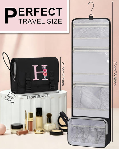 Travel Hanging Toiletry Bag for Women - Initial Makeup Toiletries Organizer with Compartments, Personalized Cosmetic Bags with Hanging Hook for Airplane Travel Essentials - Black S