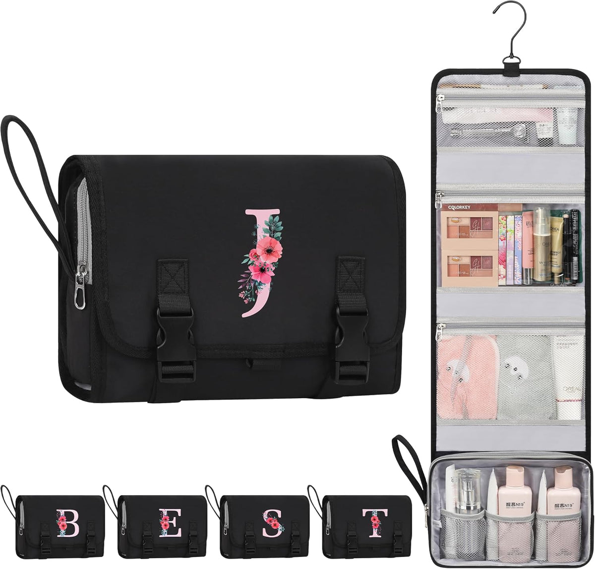 Travel Hanging Toiletry Bag for Women - Initial Makeup Toiletries Organizer with Compartments, Personalized Cosmetic Bags with Hanging Hook for Airplane Travel Essentials - Black S