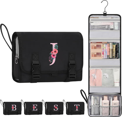 Travel Hanging Toiletry Bag for Women - Initial Makeup Toiletries Organizer with Compartments, Personalized Cosmetic Bags with Hanging Hook for Airplane Travel Essentials - Black S