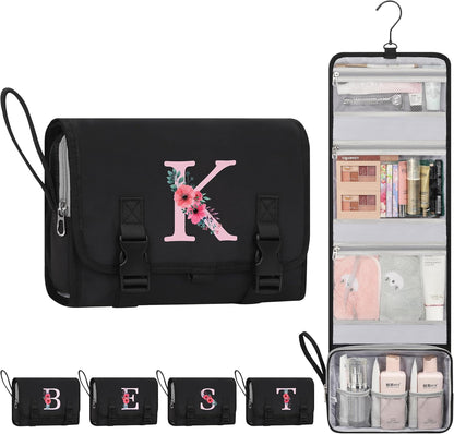 Travel Hanging Toiletry Bag for Women - Initial Makeup Toiletries Organizer with Compartments, Personalized Cosmetic Bags with Hanging Hook for Airplane Travel Essentials - Black S