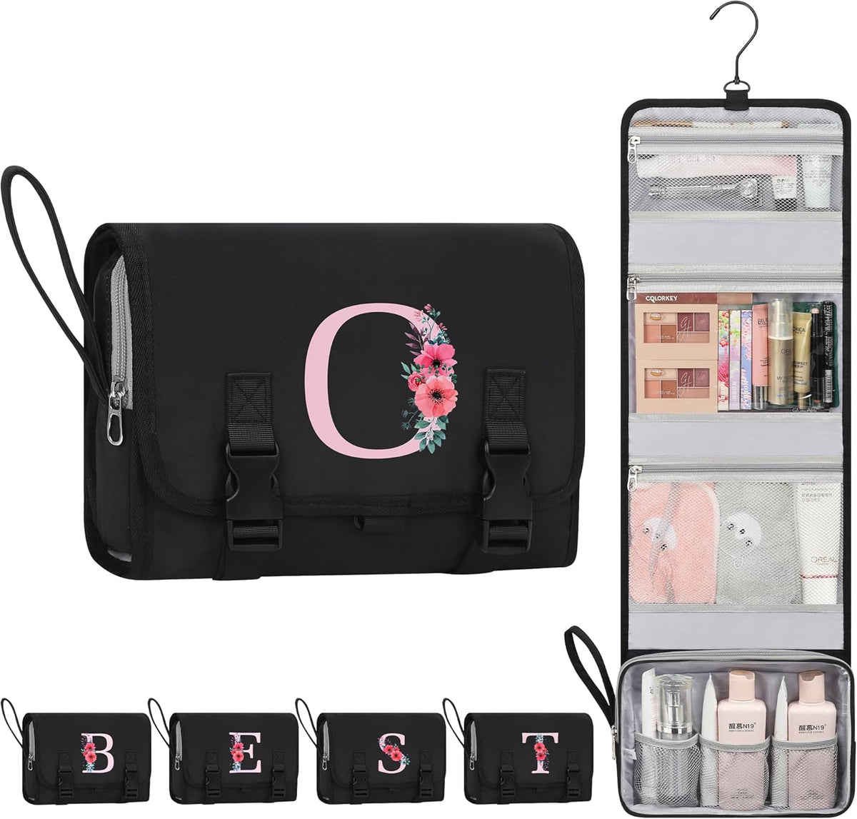 Travel Hanging Toiletry Bag for Women - Initial Makeup Toiletries Organizer with Compartments, Personalized Cosmetic Bags with Hanging Hook for Airplane Travel Essentials - Black S