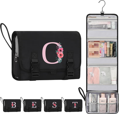 Travel Hanging Toiletry Bag for Women - Initial Makeup Toiletries Organizer with Compartments, Personalized Cosmetic Bags with Hanging Hook for Airplane Travel Essentials - Black S