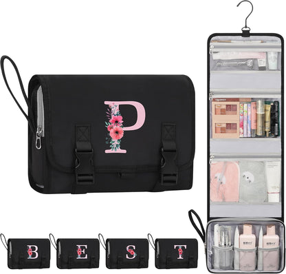 Travel Hanging Toiletry Bag for Women - Initial Makeup Toiletries Organizer with Compartments, Personalized Cosmetic Bags with Hanging Hook for Airplane Travel Essentials - Black S