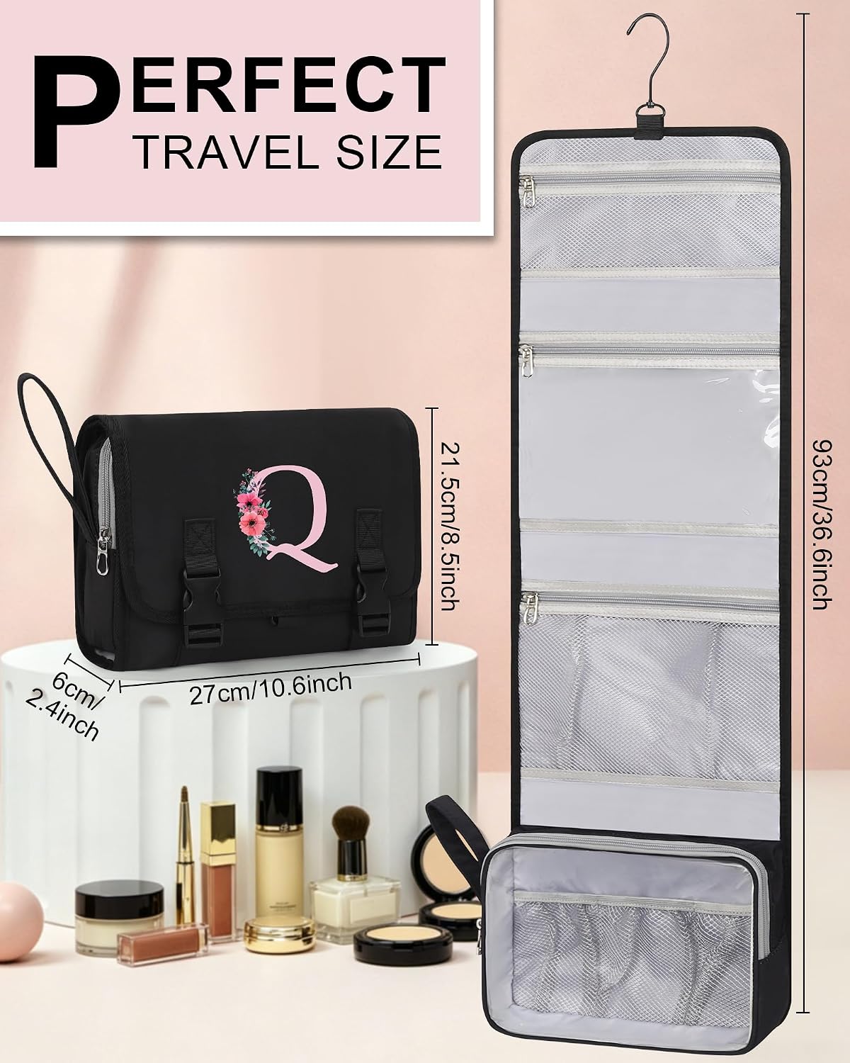 Travel Hanging Toiletry Bag for Women - Initial Makeup Toiletries Organizer with Compartments, Personalized Cosmetic Bags with Hanging Hook for Airplane Travel Essentials - Black S