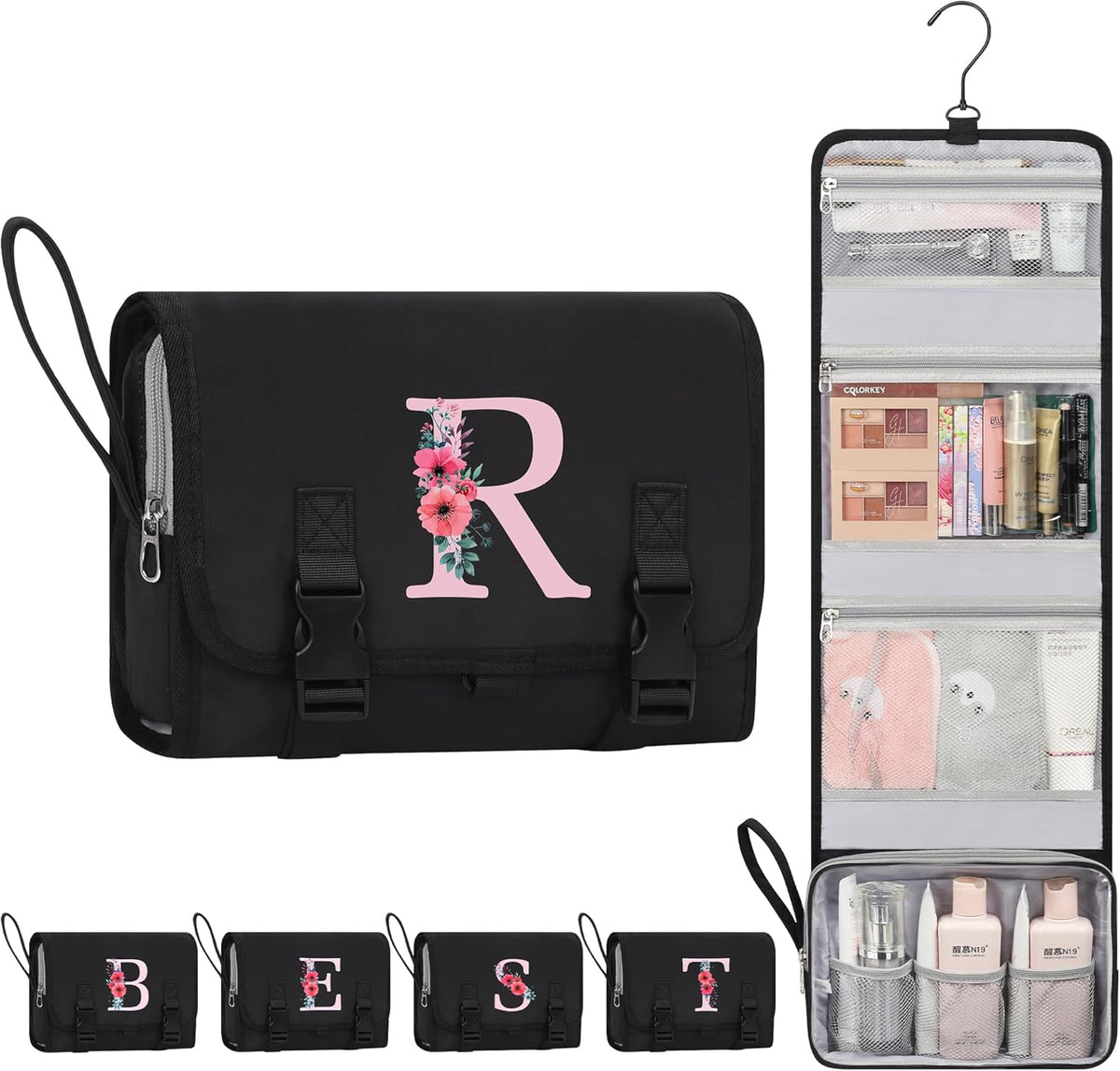 Travel Hanging Toiletry Bag for Women - Initial Makeup Toiletries Organizer with Compartments, Personalized Cosmetic Bags with Hanging Hook for Airplane Travel Essentials - Black S