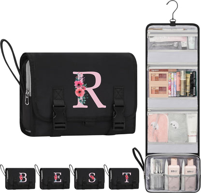 Travel Hanging Toiletry Bag for Women - Initial Makeup Toiletries Organizer with Compartments, Personalized Cosmetic Bags with Hanging Hook for Airplane Travel Essentials - Black S