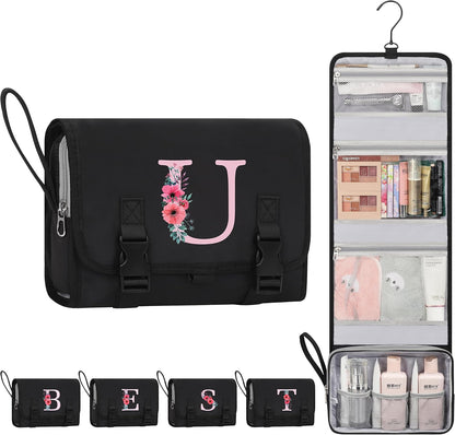 Travel Hanging Toiletry Bag for Women - Initial Makeup Toiletries Organizer with Compartments, Personalized Cosmetic Bags with Hanging Hook for Airplane Travel Essentials - Black S