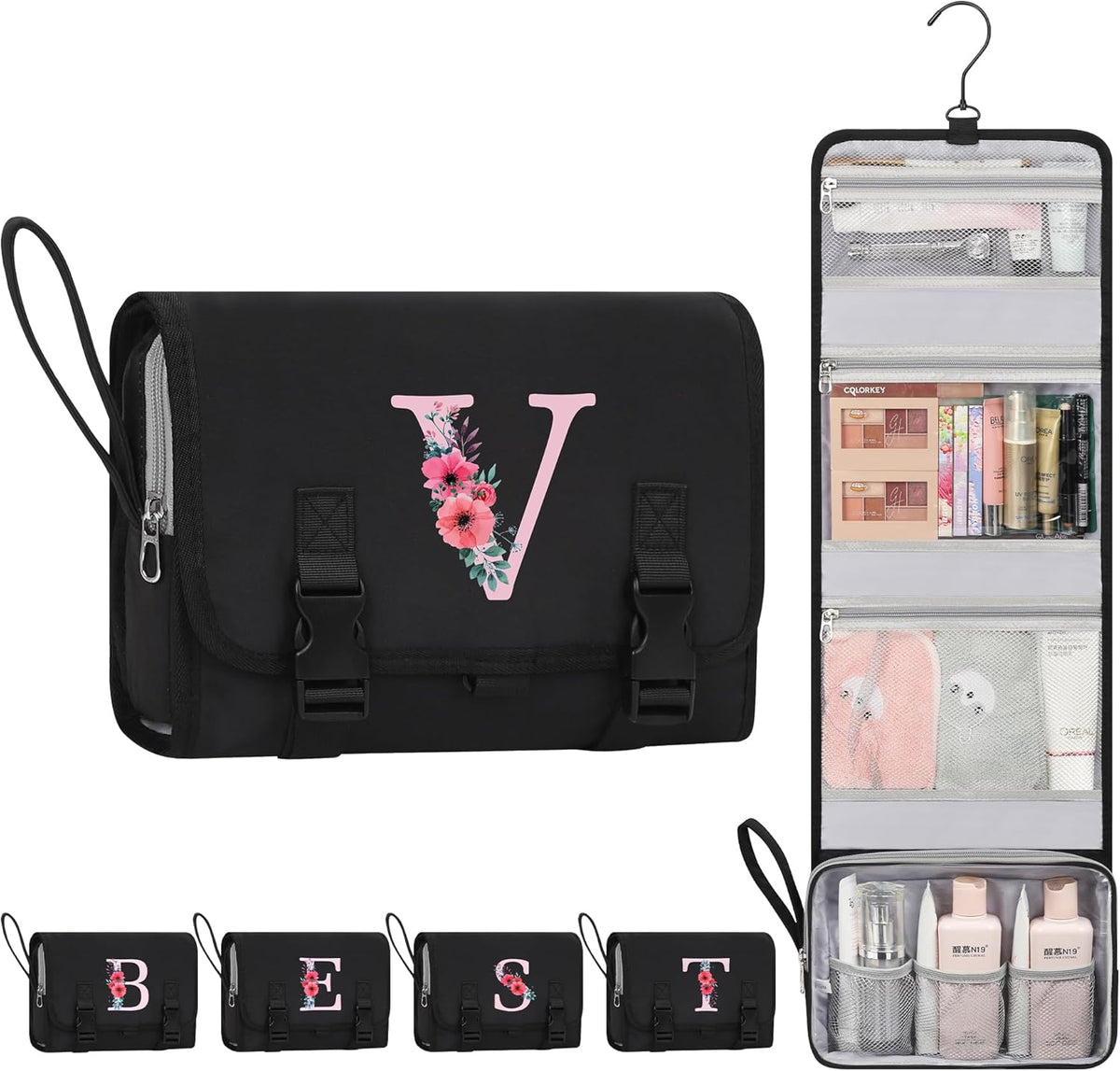 Travel Hanging Toiletry Bag for Women - Initial Makeup Toiletries Organizer with Compartments, Personalized Cosmetic Bags with Hanging Hook for Airplane Travel Essentials - Black S