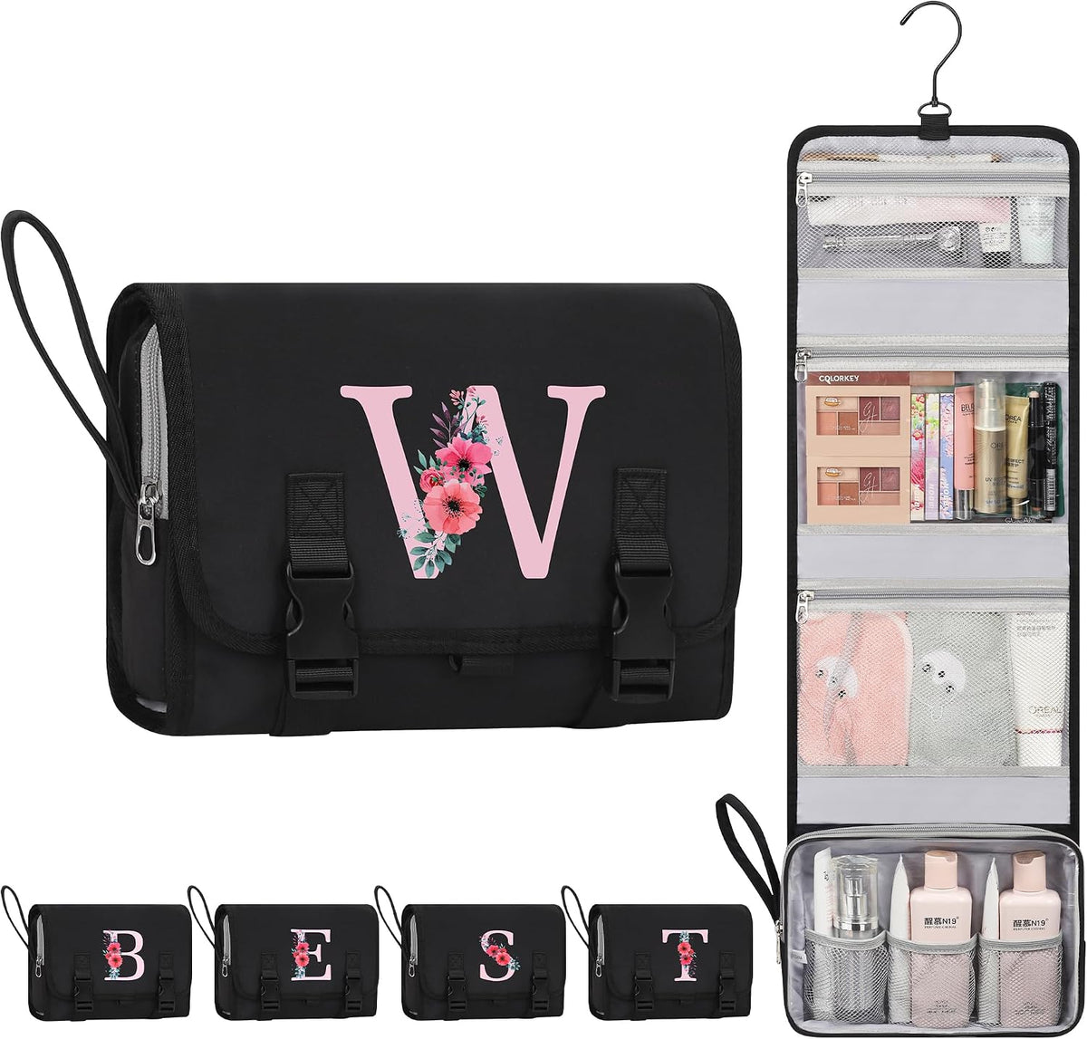 Travel Hanging Toiletry Bag for Women - Initial Makeup Toiletries Organizer with Compartments, Personalized Cosmetic Bags with Hanging Hook for Airplane Travel Essentials - Black S