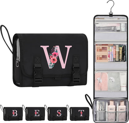 Travel Hanging Toiletry Bag for Women - Initial Makeup Toiletries Organizer with Compartments, Personalized Cosmetic Bags with Hanging Hook for Airplane Travel Essentials - Black S
