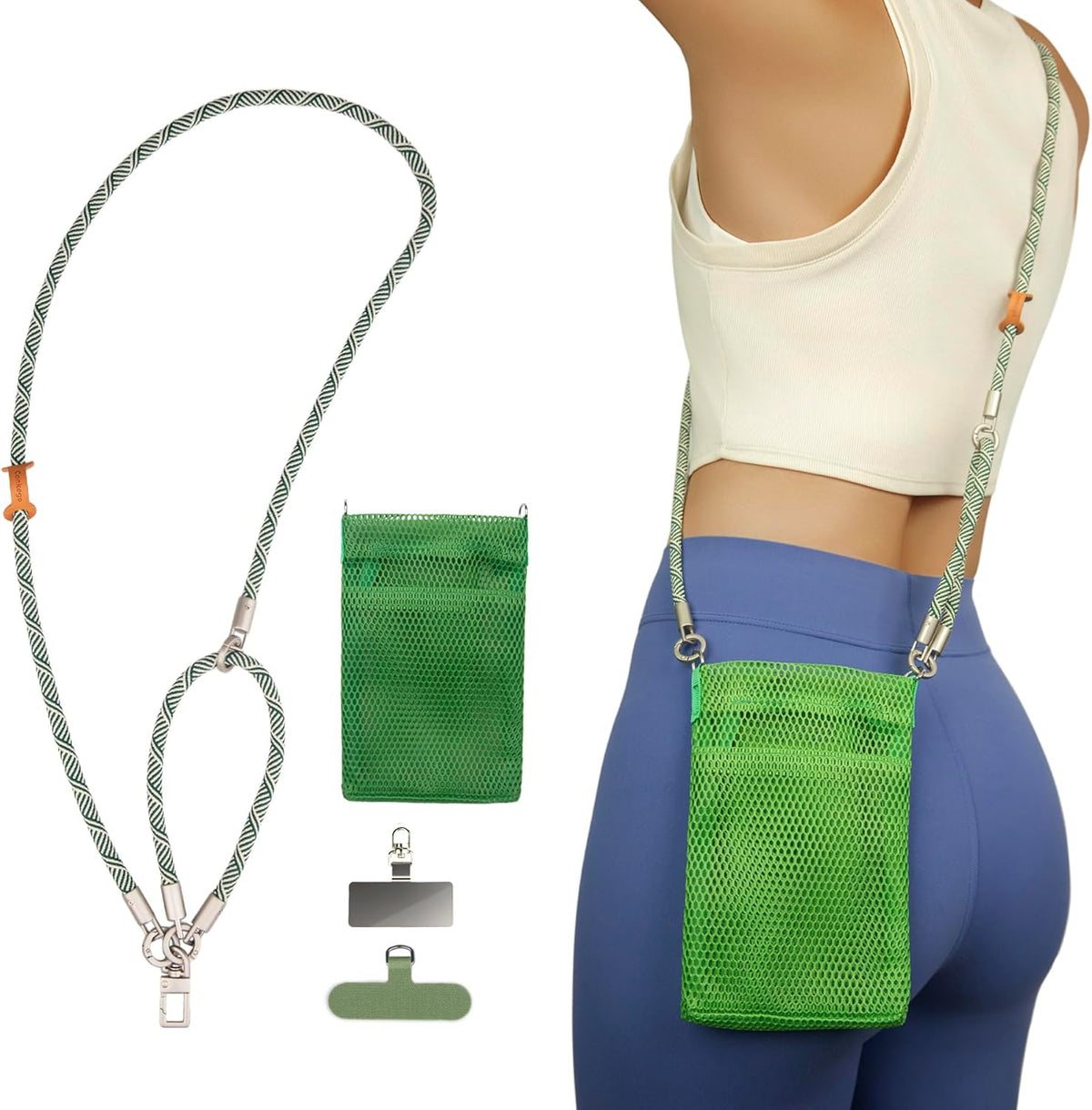 Phone Lanyard with Wallet Bag Crossbody and 2 Tether Tabs, Adjustable and Detachable Phone Strap for Phones, Multifunctional Cell Phone Neck and Hand Lanyard for Travel Essentials (Green)