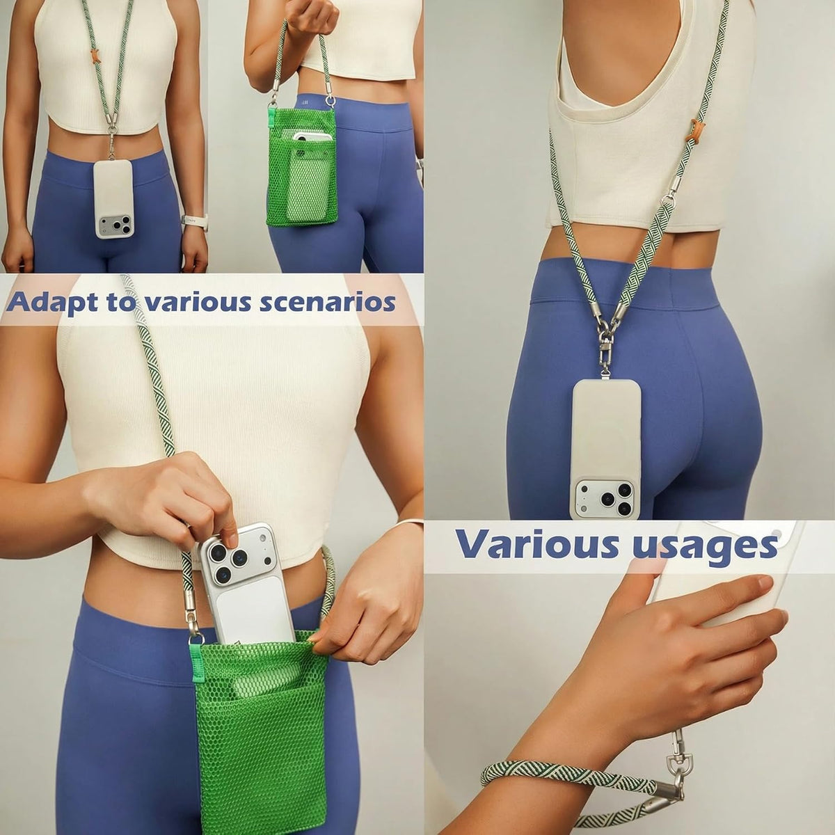 Phone Lanyard with Wallet Bag Crossbody and 2 Tether Tabs, Adjustable and Detachable Phone Strap for Phones, Multifunctional Cell Phone Neck and Hand Lanyard for Travel Essentials (Green)