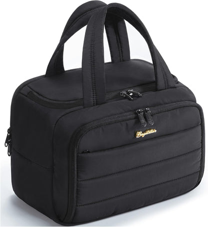 Travel Toiletry Bag for Women, Lightweight Large Quilted Puffy Makeup Bag Wide-open Make up Organizer Cloud Cosmetic Bag w/Handle for Traveling, Toiletries, Essentials, Accessories, Black