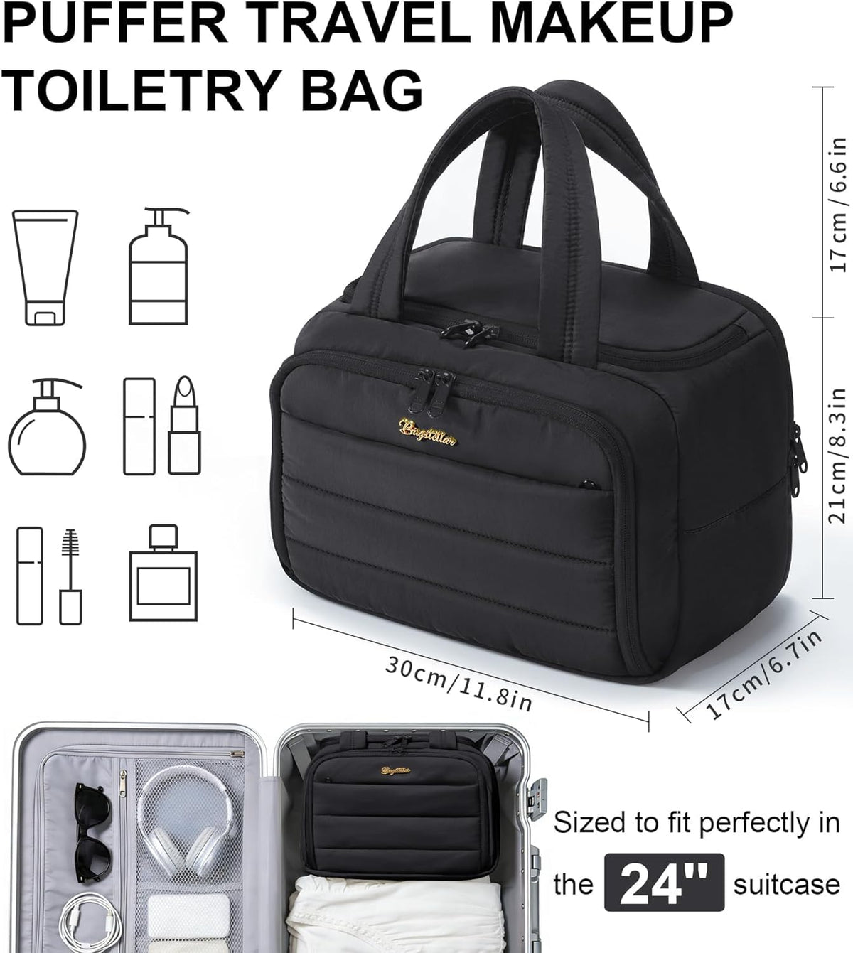 Travel Toiletry Bag for Women, Lightweight Large Quilted Puffy Makeup Bag Wide-open Make up Organizer Cloud Cosmetic Bag w/Handle for Traveling, Toiletries, Essentials, Accessories, Black