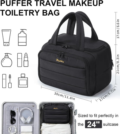 Travel Toiletry Bag for Women, Lightweight Large Quilted Puffy Makeup Bag Wide-open Make up Organizer Cloud Cosmetic Bag w/Handle for Traveling, Toiletries, Essentials, Accessories, Black