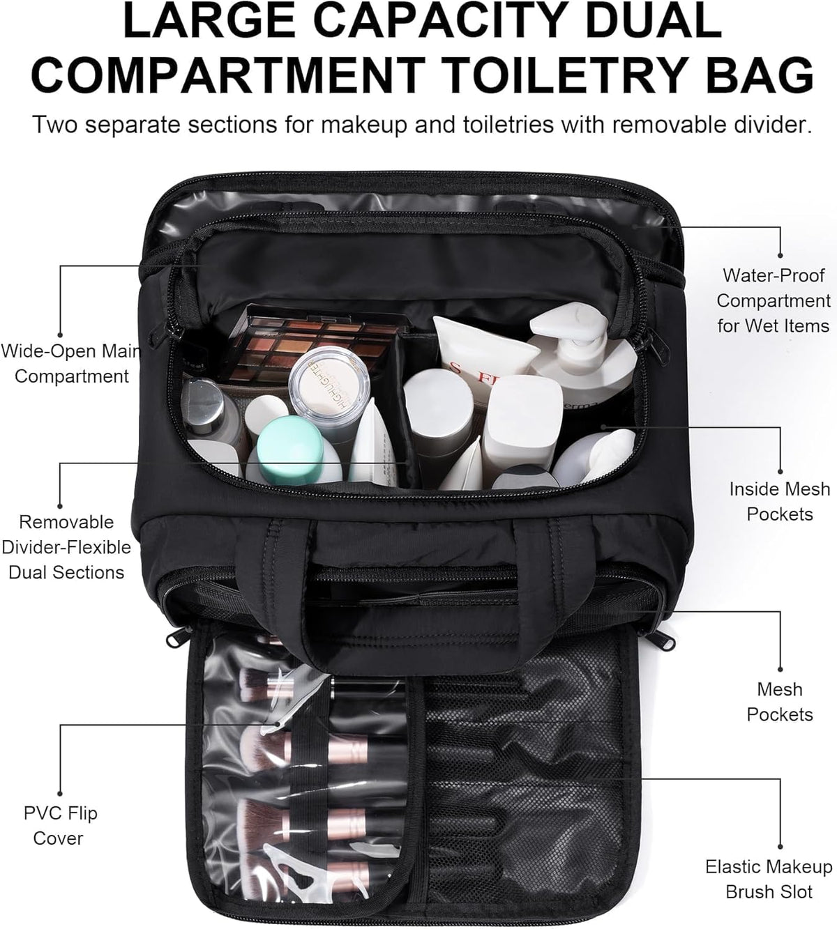 Travel Toiletry Bag for Women, Lightweight Large Quilted Puffy Makeup Bag Wide-open Make up Organizer Cloud Cosmetic Bag w/Handle for Traveling, Toiletries, Essentials, Accessories, Black