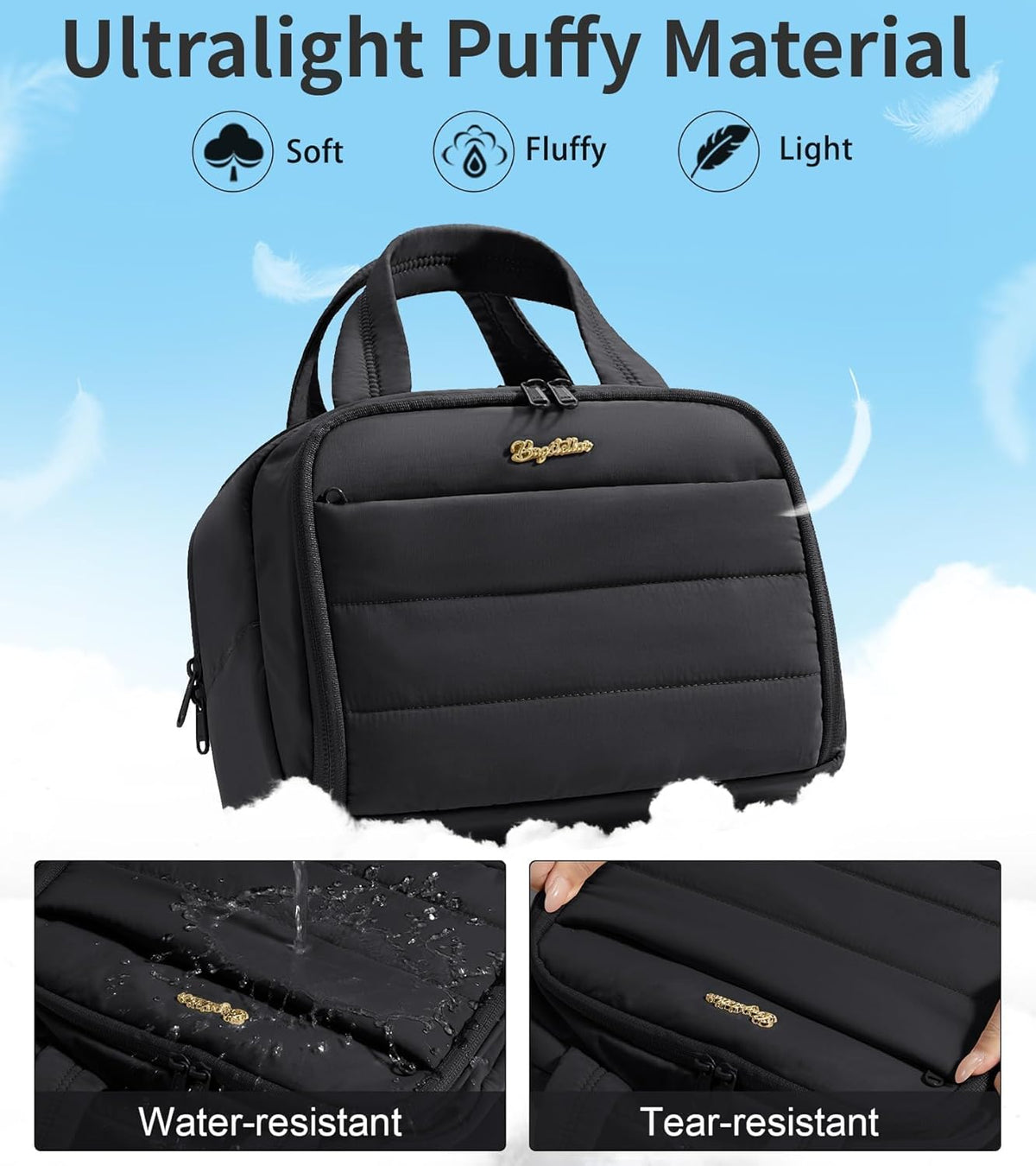 Travel Toiletry Bag for Women, Lightweight Large Quilted Puffy Makeup Bag Wide-open Make up Organizer Cloud Cosmetic Bag w/Handle for Traveling, Toiletries, Essentials, Accessories, Black