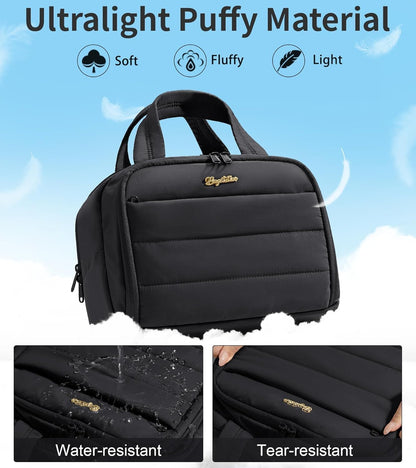 Travel Toiletry Bag for Women, Lightweight Large Quilted Puffy Makeup Bag Wide-open Make up Organizer Cloud Cosmetic Bag w/Handle for Traveling, Toiletries, Essentials, Accessories, Black