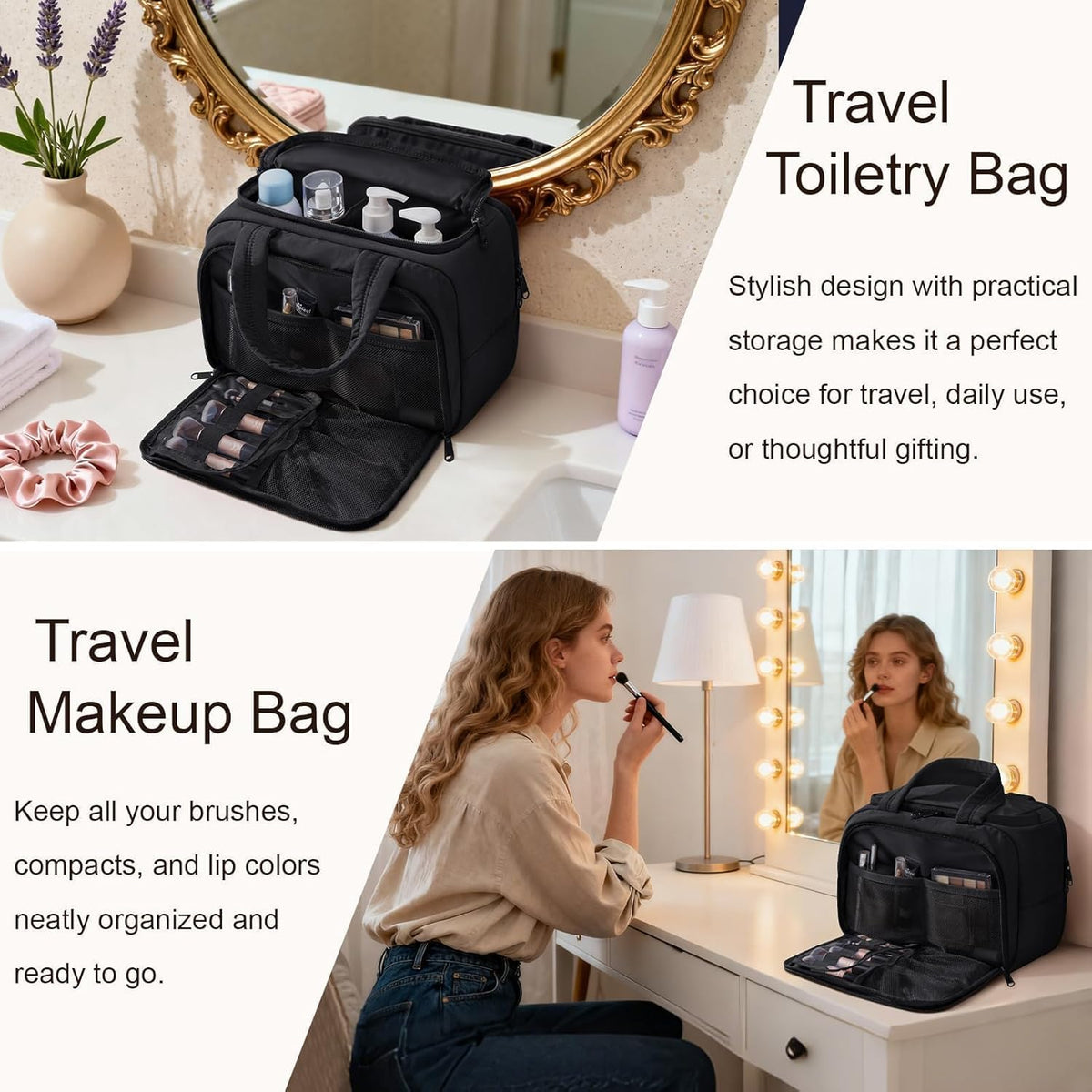 Travel Toiletry Bag for Women, Lightweight Large Quilted Puffy Makeup Bag Wide-open Make up Organizer Cloud Cosmetic Bag w/Handle for Traveling, Toiletries, Essentials, Accessories, Black