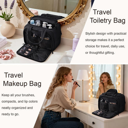 Travel Toiletry Bag for Women, Lightweight Large Quilted Puffy Makeup Bag Wide-open Make up Organizer Cloud Cosmetic Bag w/Handle for Traveling, Toiletries, Essentials, Accessories, Black