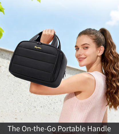 Travel Toiletry Bag for Women, Lightweight Large Quilted Puffy Makeup Bag Wide-open Make up Organizer Cloud Cosmetic Bag w/Handle for Traveling, Toiletries, Essentials, Accessories, Black