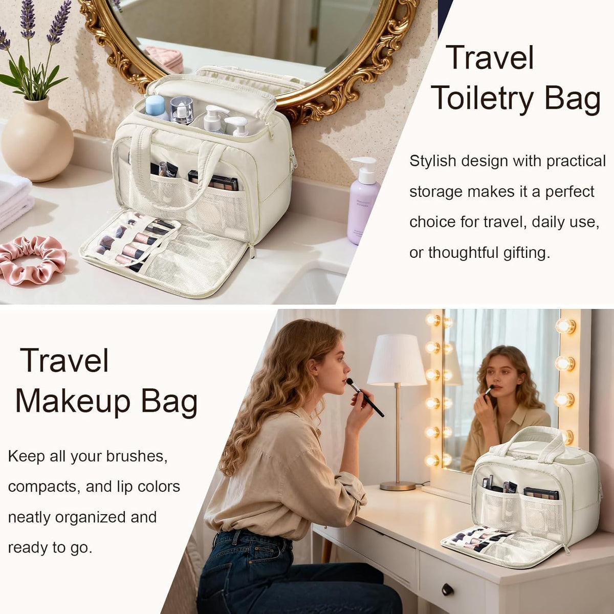 Travel Toiletry Bag for Women, Lightweight Large Quilted Puffy Makeup Bag Wide-open Make up Organizer Cloud Cosmetic Bag w/Handle for Traveling, Toiletries, Essentials, Accessories, Black