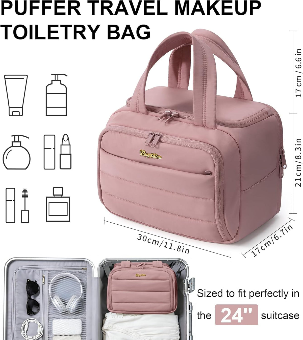 Travel Toiletry Bag for Women, Lightweight Large Quilted Puffy Makeup Bag Wide-open Make up Organizer Cloud Cosmetic Bag w/Handle for Traveling, Toiletries, Essentials, Accessories, Black