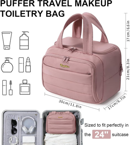 Travel Toiletry Bag for Women, Lightweight Large Quilted Puffy Makeup Bag Wide-open Make up Organizer Cloud Cosmetic Bag w/Handle for Traveling, Toiletries, Essentials, Accessories, Black