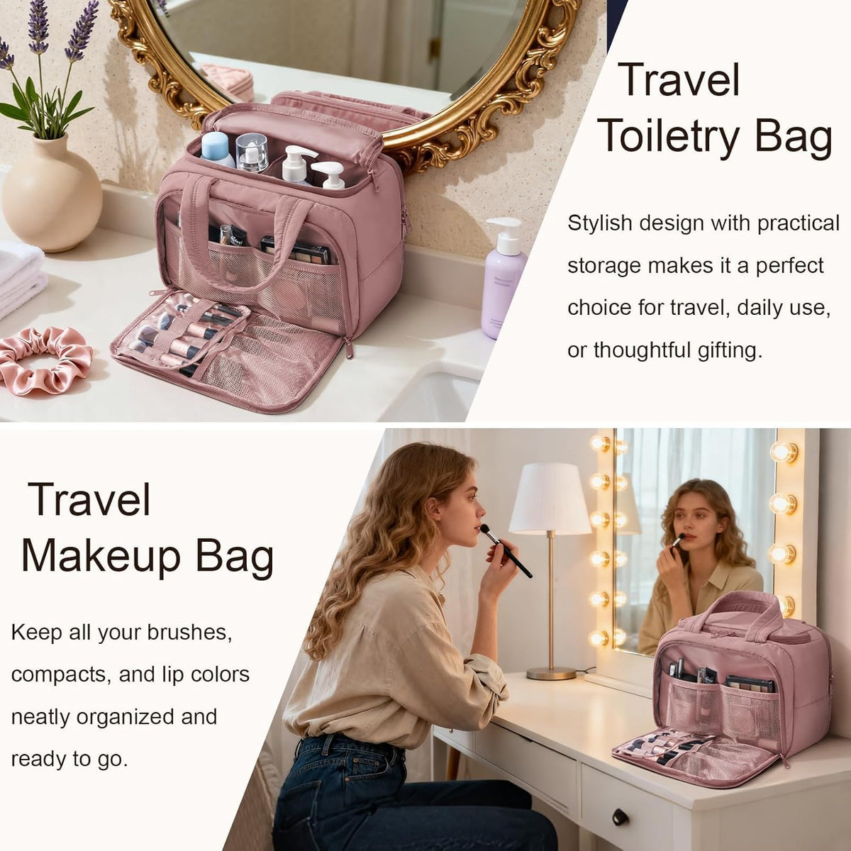 Travel Toiletry Bag for Women, Lightweight Large Quilted Puffy Makeup Bag Wide-open Make up Organizer Cloud Cosmetic Bag w/Handle for Traveling, Toiletries, Essentials, Accessories, Black