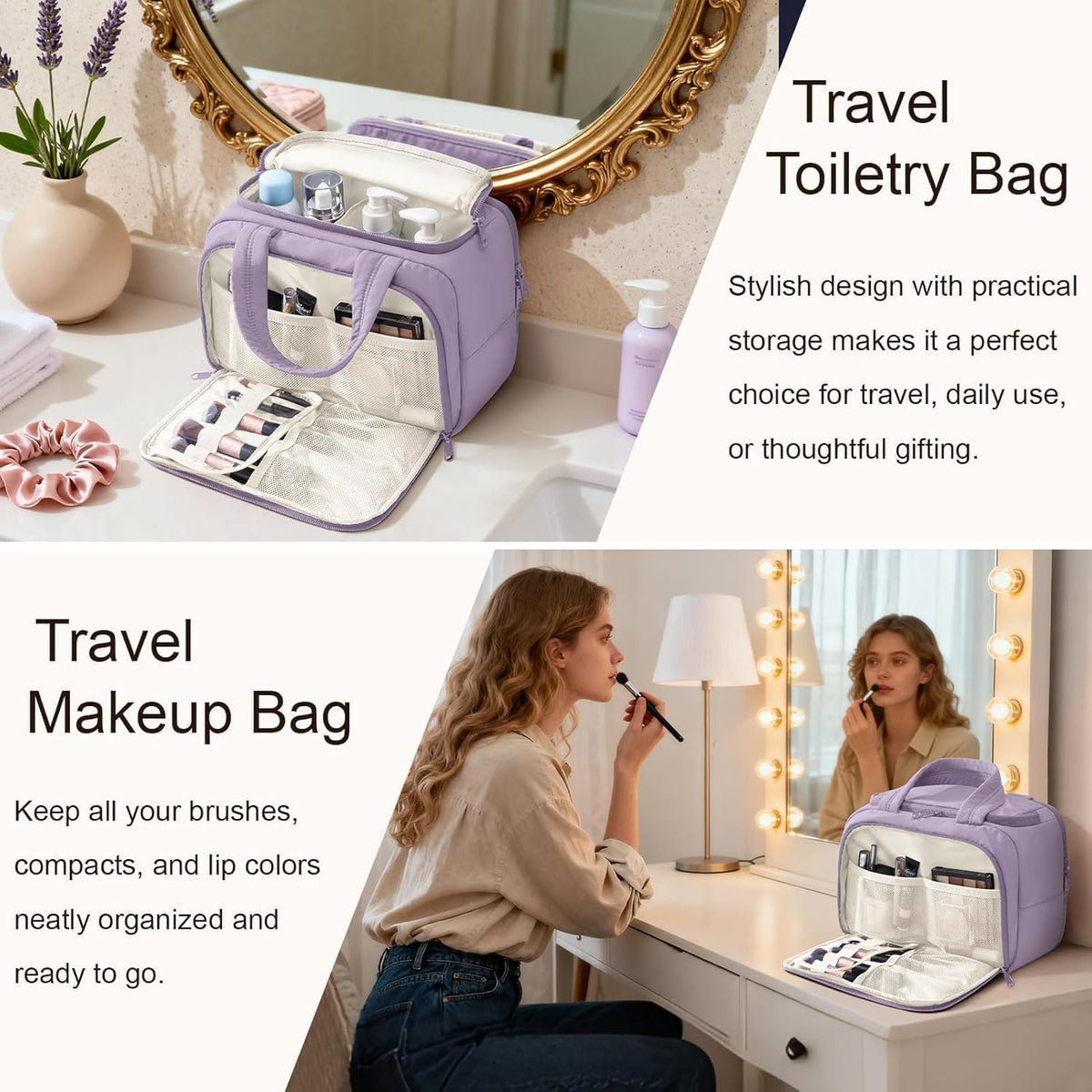 Travel Toiletry Bag for Women, Lightweight Large Quilted Puffy Makeup Bag Wide-open Make up Organizer Cloud Cosmetic Bag w/Handle for Traveling, Toiletries, Essentials, Accessories, Black