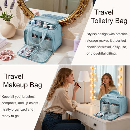 Travel Toiletry Bag for Women, Lightweight Large Quilted Puffy Makeup Bag Wide-open Make up Organizer Cloud Cosmetic Bag w/Handle for Traveling, Toiletries, Essentials, Accessories, Black