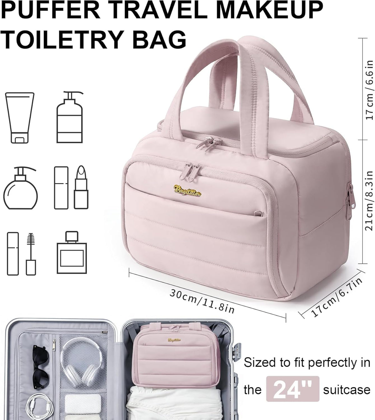 Travel Toiletry Bag for Women, Lightweight Large Quilted Puffy Makeup Bag Wide-open Make up Organizer Cloud Cosmetic Bag w/Handle for Traveling, Toiletries, Essentials, Accessories, Black