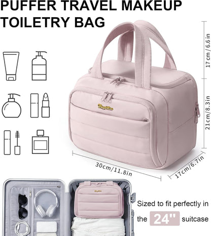 Travel Toiletry Bag for Women, Lightweight Large Quilted Puffy Makeup Bag Wide-open Make up Organizer Cloud Cosmetic Bag w/Handle for Traveling, Toiletries, Essentials, Accessories, Black