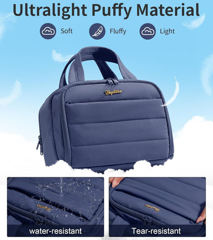 Travel Toiletry Bag for Women, Lightweight Large Quilted Puffy Makeup Bag Wide-open Make up Organizer Cloud Cosmetic Bag w/Handle for Traveling, Toiletries, Essentials, Accessories, Black