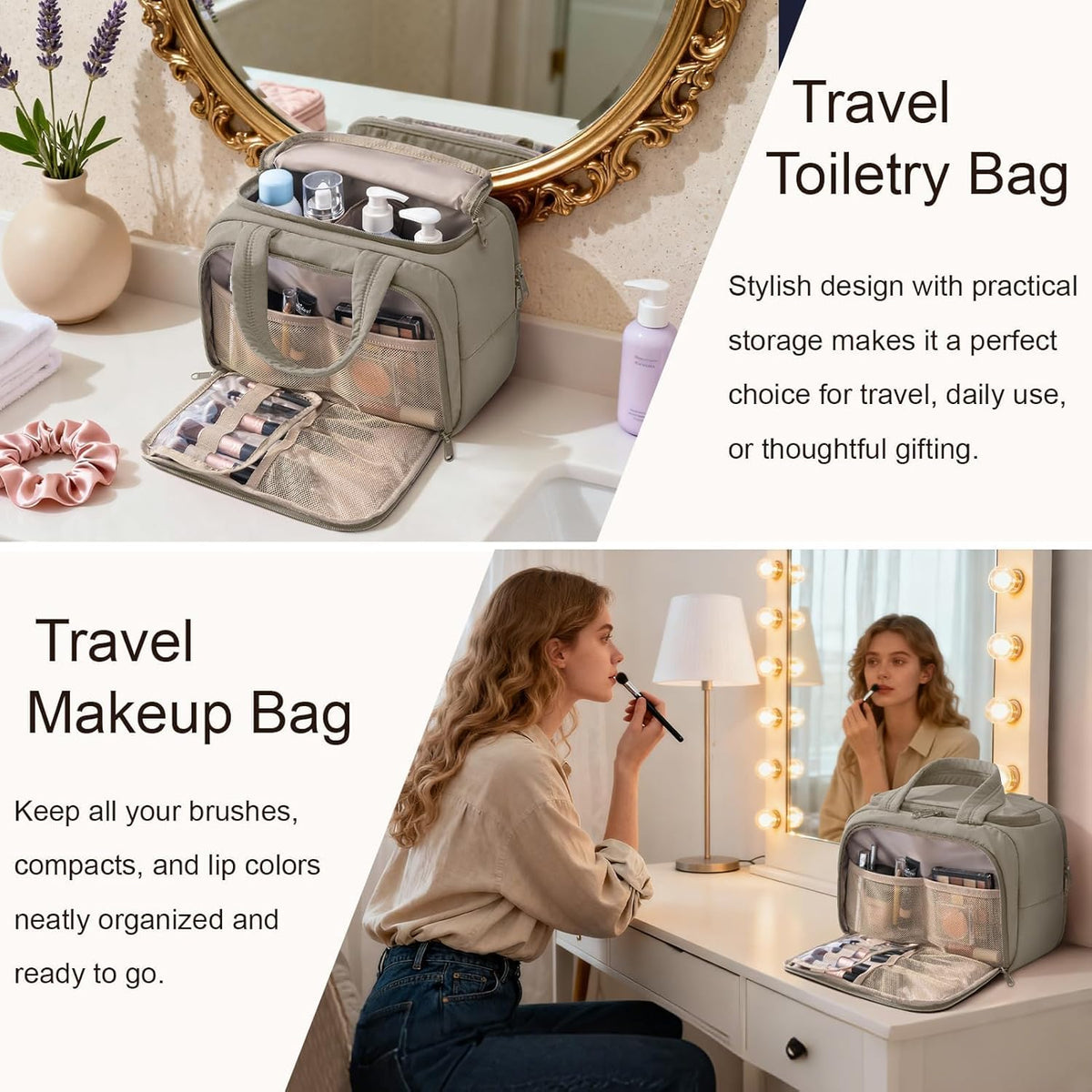 Travel Toiletry Bag for Women, Lightweight Large Quilted Puffy Makeup Bag Wide-open Make up Organizer Cloud Cosmetic Bag w/Handle for Traveling, Toiletries, Essentials, Accessories, Black