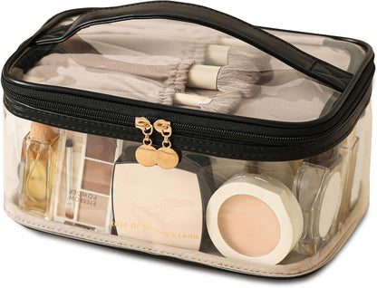 Large Clear Makeup Bag Big Cosmetic Bags Waterproof Toiletry Orangizer with Handle Transparent Toiletries Case Travel Pouch for Women Girls Daily Beauty Purse Essentials Skincare Bag Off White