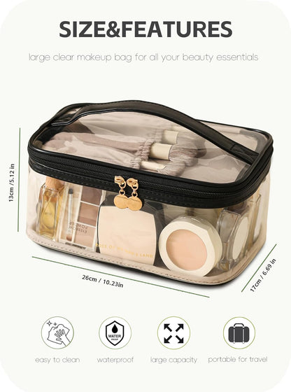 Large Clear Makeup Bag Big Cosmetic Bags Waterproof Toiletry Orangizer with Handle Transparent Toiletries Case Travel Pouch for Women Girls Daily Beauty Purse Essentials Skincare Bag Off White