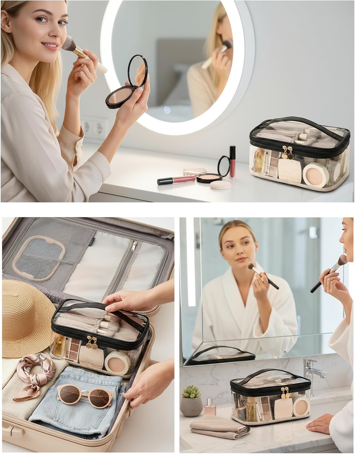 Large Clear Makeup Bag Big Cosmetic Bags Waterproof Toiletry Orangizer with Handle Transparent Toiletries Case Travel Pouch for Women Girls Daily Beauty Purse Essentials Skincare Bag Off White