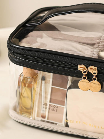 Large Clear Makeup Bag Big Cosmetic Bags Waterproof Toiletry Orangizer with Handle Transparent Toiletries Case Travel Pouch for Women Girls Daily Beauty Purse Essentials Skincare Bag Off White