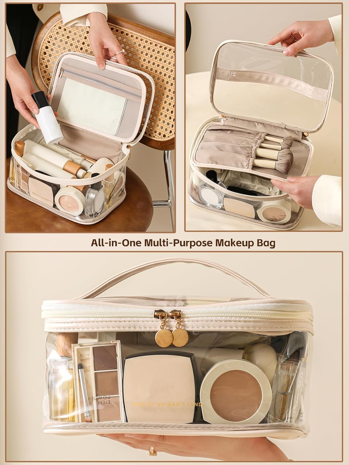 Large Clear Makeup Bag Big Cosmetic Bags Waterproof Toiletry Orangizer with Handle Transparent Toiletries Case Travel Pouch for Women Girls Daily Beauty Purse Essentials Skincare Bag Off White