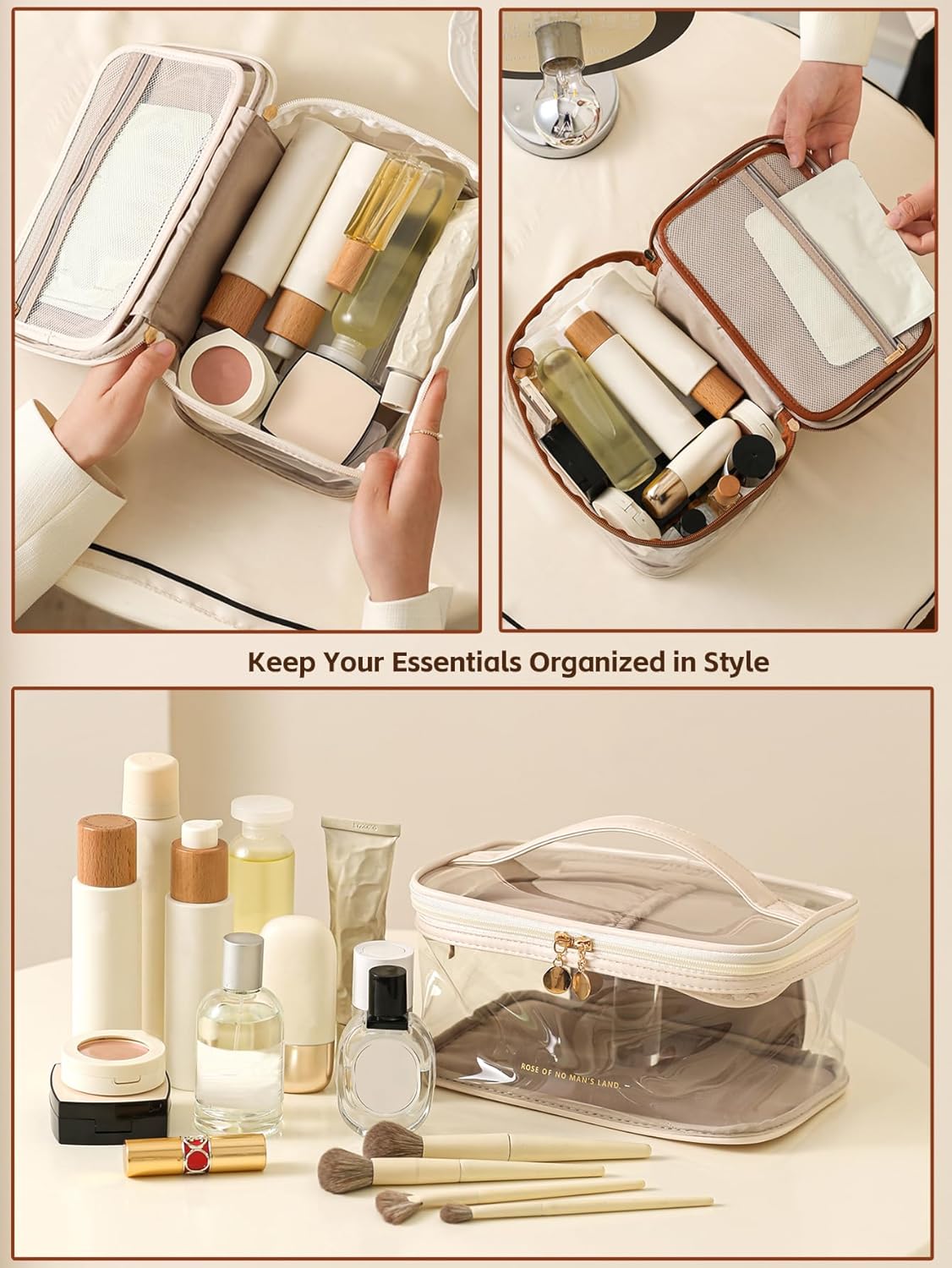 Large Clear Makeup Bag Big Cosmetic Bags Waterproof Toiletry Orangizer with Handle Transparent Toiletries Case Travel Pouch for Women Girls Daily Beauty Purse Essentials Skincare Bag Off White