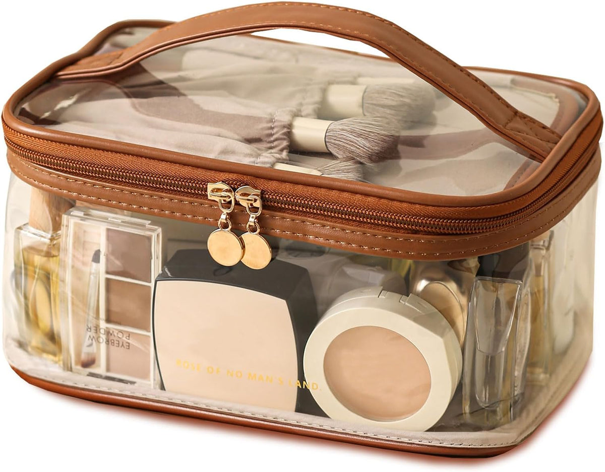 Large Clear Makeup Bag Big Cosmetic Bags Waterproof Toiletry Orangizer with Handle Transparent Toiletries Case Travel Pouch for Women Girls Daily Beauty Purse Essentials Skincare Bag Off White