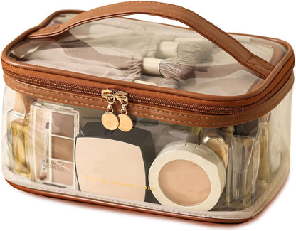 Large Clear Makeup Bag Big Cosmetic Bags Waterproof Toiletry Orangizer with Handle Transparent Toiletries Case Travel Pouch for Women Girls Daily Beauty Purse Essentials Skincare Bag Off White