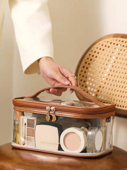 Large Clear Makeup Bag Big Cosmetic Bags Waterproof Toiletry Orangizer with Handle Transparent Toiletries Case Travel Pouch for Women Girls Daily Beauty Purse Essentials Skincare Bag Off White