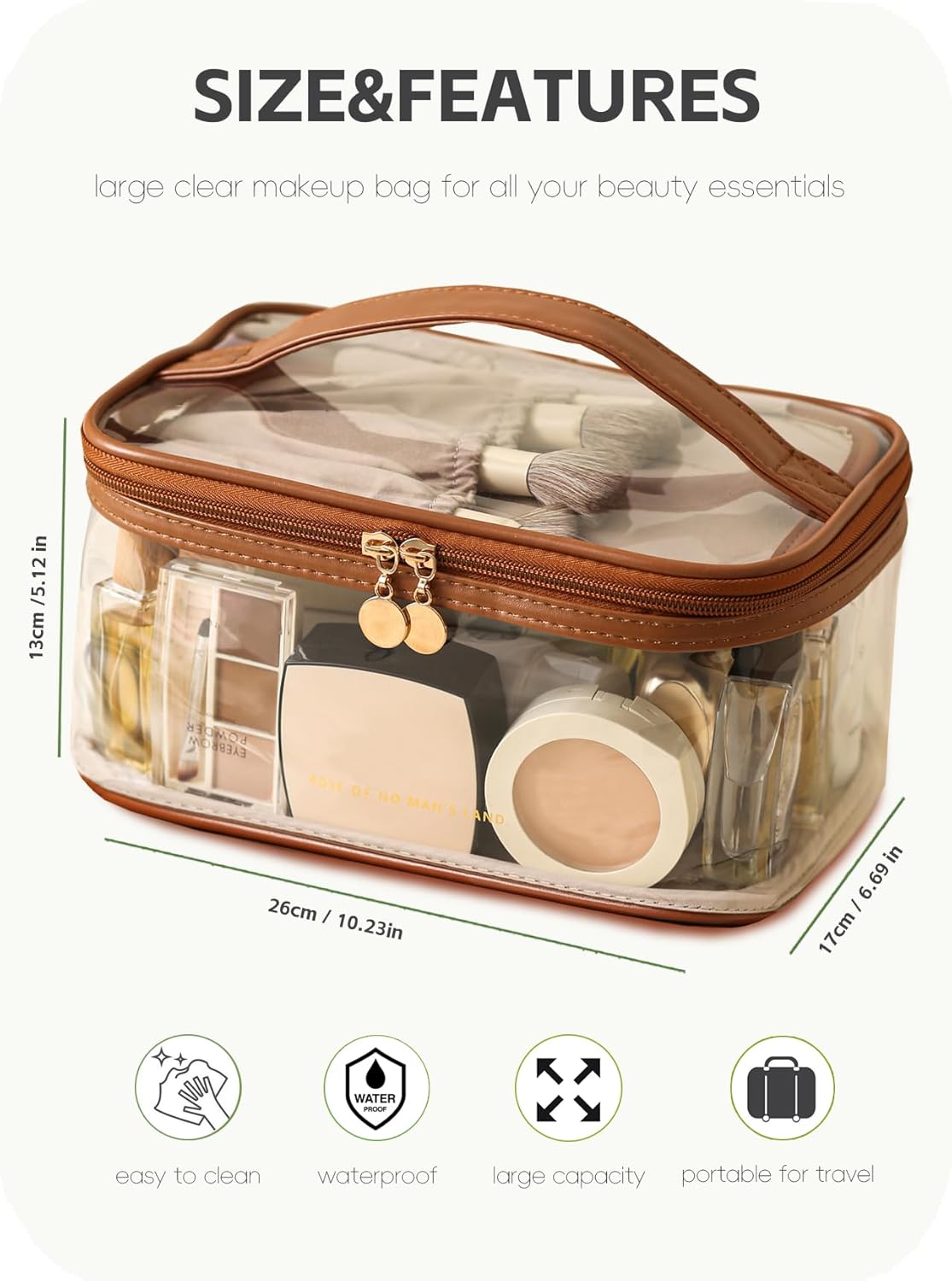 Large Clear Makeup Bag Big Cosmetic Bags Waterproof Toiletry Orangizer with Handle Transparent Toiletries Case Travel Pouch for Women Girls Daily Beauty Purse Essentials Skincare Bag Off White
